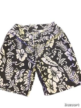 OP Black Men's Floral Swim Shorts with White Hibiscus Print